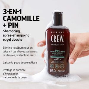 American Crew 3-En-1 Camomille et Pin, Shampooing, Après Shampooing & Gel Douche pour Cheveux et Corps (250ml), Revitalisant, hydratant et apaisant.