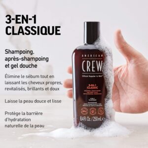 American Crew 3-En-1 Shampooing, Après Shampooing & Gel Douche pour Cheveux et Corps (250ml), Revitalisant, hydratant et apaisant.