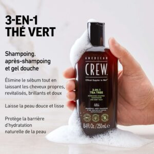 American Crew 3-En-1 Arbre à Thé, Shampooing, Après Shampooing & Gel Douche pour Cheveux et Corps (250ml), Revitalisant et hydratant.